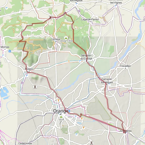 Kartminiatyr av "Jonquières til Sérignan-du-Comtat (grusvei)" sykkelinspirasjon i Provence-Alpes-Côte d’Azur, France. Generert av Tarmacs.app sykkelrutoplanlegger