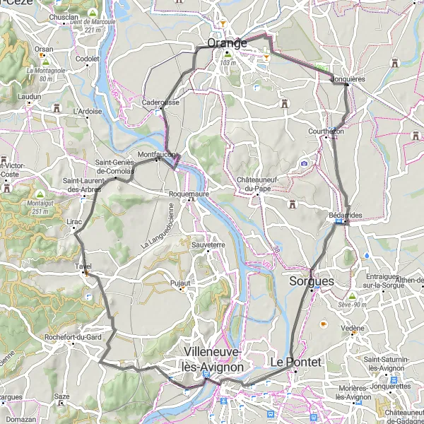 Map miniature of "Jonquières to Château de Pécoulette" cycling inspiration in Provence-Alpes-Côte d’Azur, France. Generated by Tarmacs.app cycling route planner