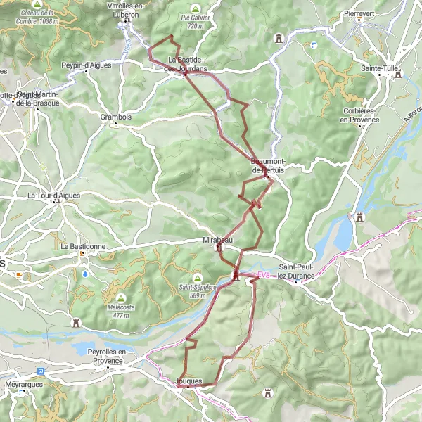 Miniaturní mapa "Beaumont-de-Pertuis - Château de Mirabeau gravel cycling route" inspirace pro cyklisty v oblasti Provence-Alpes-Côte d’Azur, France. Vytvořeno pomocí plánovače tras Tarmacs.app