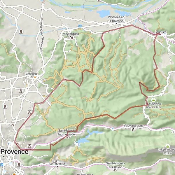 Miniaturní mapa "Okruhová cyklistická trasa gravel kolem Jouques" inspirace pro cyklisty v oblasti Provence-Alpes-Côte d’Azur, France. Vytvořeno pomocí plánovače tras Tarmacs.app