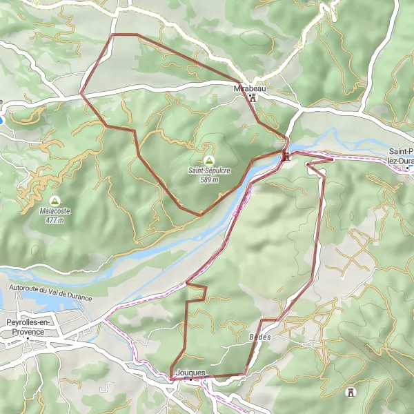 Karttaminiaatyyri "Rauhallinen retki Jouquesin maisemissa" pyöräilyinspiraatiosta alueella Provence-Alpes-Côte d’Azur, France. Luotu Tarmacs.app pyöräilyreittisuunnittelijalla