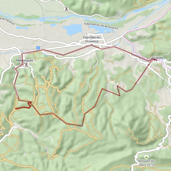 Miniatua del mapa de inspiración ciclista "Ruta de Grava de Jouques a Peyrolles-en-Provence" en Provence-Alpes-Côte d’Azur, France. Generado por Tarmacs.app planificador de rutas ciclistas