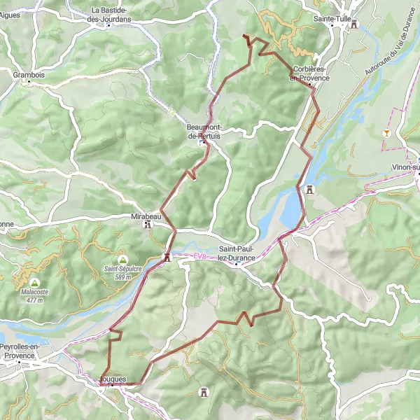 Miniatua del mapa de inspiración ciclista "Ruta de Ciclismo en Grava por Jouques - Château de Cadarache" en Provence-Alpes-Côte d’Azur, France. Generado por Tarmacs.app planificador de rutas ciclistas
