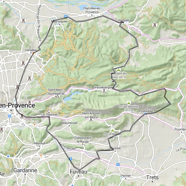 Mapa miniatúra "Cyklotrasa do Aix-en-Provence" cyklistická inšpirácia v Provence-Alpes-Côte d’Azur, France. Vygenerované cyklistickým plánovačom trás Tarmacs.app
