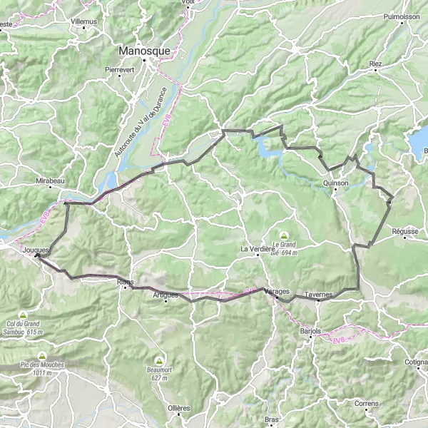 Mapa miniatúra "Cestná trasa cez Saint-Laurent-du-Verdon a Tavernes" cyklistická inšpirácia v Provence-Alpes-Côte d’Azur, France. Vygenerované cyklistickým plánovačom trás Tarmacs.app