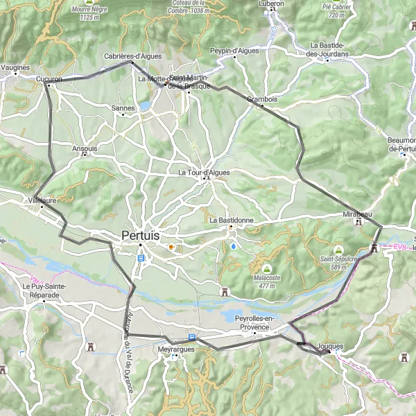 Miniatua del mapa de inspiración ciclista "Ruta escénica de 72 km desde Jouques" en Provence-Alpes-Côte d’Azur, France. Generado por Tarmacs.app planificador de rutas ciclistas