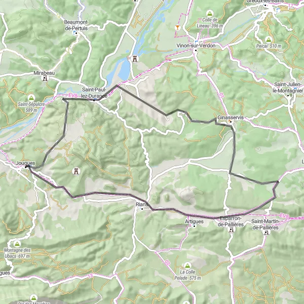 Miniaturní mapa "Okruhová cyklistická trasa silnice kolem Jouques" inspirace pro cyklisty v oblasti Provence-Alpes-Côte d’Azur, France. Vytvořeno pomocí plánovače tras Tarmacs.app