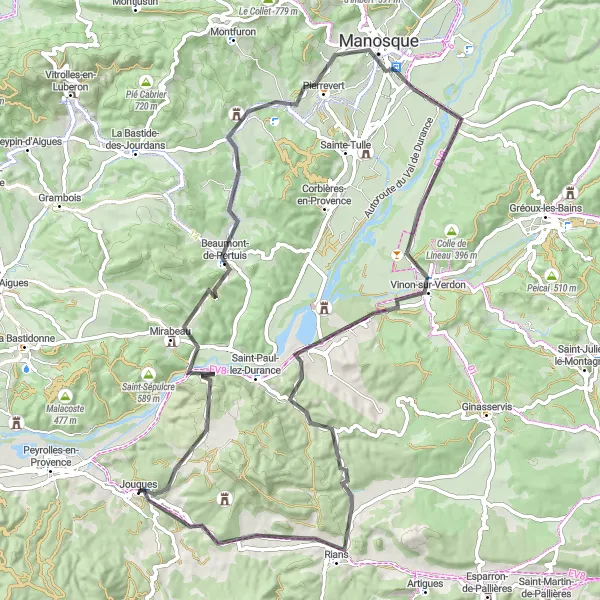 Miniaturní mapa "Jouques - Vinon-sur-Verdon road cycling route" inspirace pro cyklisty v oblasti Provence-Alpes-Côte d’Azur, France. Vytvořeno pomocí plánovače tras Tarmacs.app