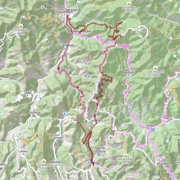 Map miniature of "Gravel Adventure in L'Escarène" cycling inspiration in Provence-Alpes-Côte d’Azur, France. Generated by Tarmacs.app cycling route planner