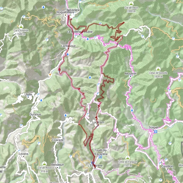 Zemljevid v pomanjšavi "Pot do Cime des Vallières" kolesarske inspiracije v Provence-Alpes-Côte d’Azur, France. Generirano z načrtovalcem kolesarskih poti Tarmacs.app