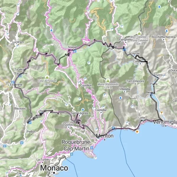 Kartminiatyr av "Höjdpunkter längs vägen: Provence-Alpes-Côte d'Azur" cykelinspiration i Provence-Alpes-Côte d’Azur, France. Genererad av Tarmacs.app cykelruttplanerare