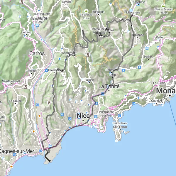 Mapa miniatúra "Cesta cez Col de Saint-Isidore a Château de Crémat" cyklistická inšpirácia v Provence-Alpes-Côte d’Azur, France. Vygenerované cyklistickým plánovačom trás Tarmacs.app