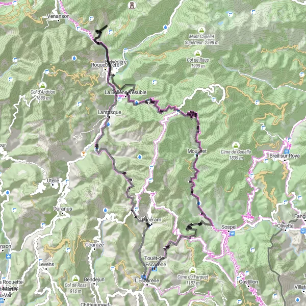 Kartminiatyr av "Opplev Cime des Vallières og Col de Turini" sykkelinspirasjon i Provence-Alpes-Côte d’Azur, France. Generert av Tarmacs.app sykkelrutoplanlegger