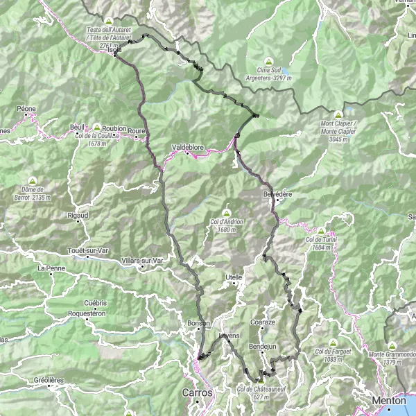 Miniatuurkaart van de fietsinspiratie "Bergachtige Wegen van L'Escarène" in Provence-Alpes-Côte d’Azur, France. Gemaakt door de Tarmacs.app fietsrouteplanner