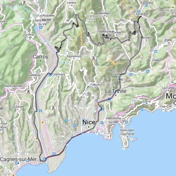 Zemljevid v pomanjšavi "Kolesarska pot L'Escarène - Col de Châteauneuf" kolesarske inspiracije v Provence-Alpes-Côte d’Azur, France. Generirano z načrtovalcem kolesarskih poti Tarmacs.app