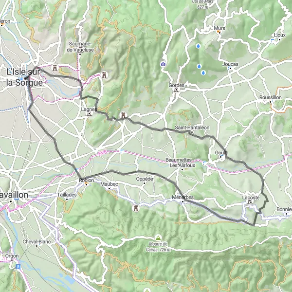 Map miniature of "The Hilltop Villages Loop" cycling inspiration in Provence-Alpes-Côte d’Azur, France. Generated by Tarmacs.app cycling route planner