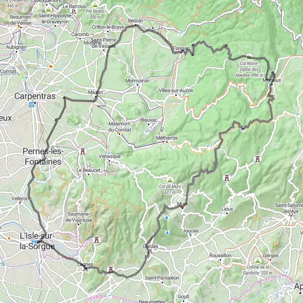 Miniature de la carte de l'inspiration cycliste "Tour épique à travers Gordes et Bédoin" dans la Provence-Alpes-Côte d’Azur, France. Générée par le planificateur d'itinéraire cycliste Tarmacs.app