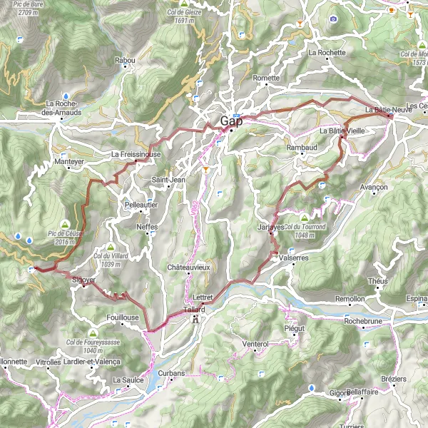 Miniatua del mapa de inspiración ciclista "Ruta de Grava a través de los Alpes" en Provence-Alpes-Côte d’Azur, France. Generado por Tarmacs.app planificador de rutas ciclistas