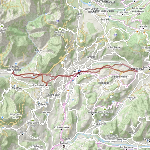 Zemljevid v pomanjšavi "Kolesarjenje skozi slikovito pokrajino blizu La Bâtie-Neuve" kolesarske inspiracije v Provence-Alpes-Côte d’Azur, France. Generirano z načrtovalcem kolesarskih poti Tarmacs.app