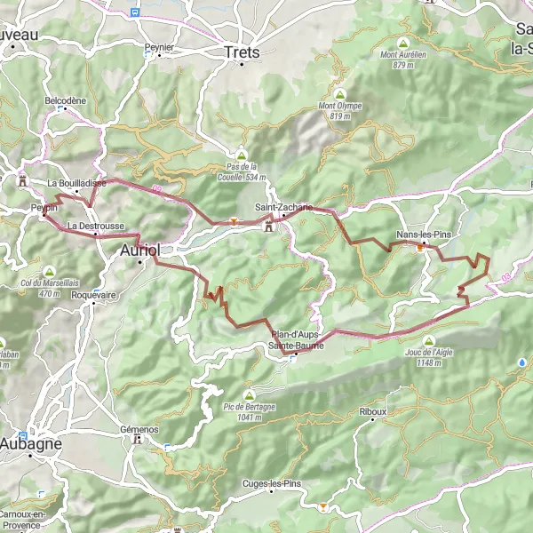 Miniatua del mapa de inspiración ciclista "Exploración de Peypin, Saint-Zacharie, Nans-les-Pins, Jouc de l'Aigle, Auriol y La Cride" en Provence-Alpes-Côte d’Azur, France. Generado por Tarmacs.app planificador de rutas ciclistas