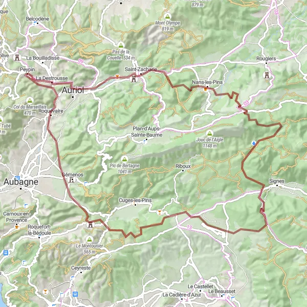 Miniatuurkaart van de fietsinspiratie "Gravelroute van La Bouilladisse naar Peypin via La Cride" in Provence-Alpes-Côte d’Azur, France. Gemaakt door de Tarmacs.app fietsrouteplanner