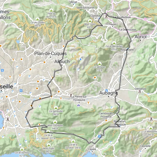 Map miniature of "Scenic Road cycling around La Bouilladisse" cycling inspiration in Provence-Alpes-Côte d’Azur, France. Generated by Tarmacs.app cycling route planner