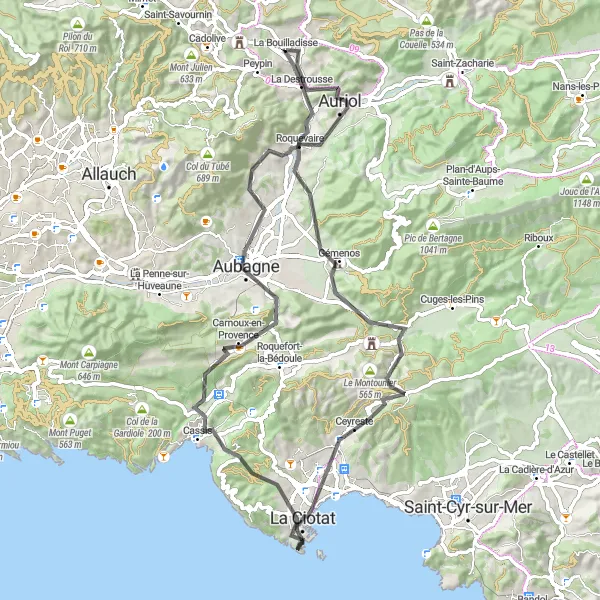 Miniatua del mapa de inspiración ciclista "Ruta de Carretera a través de La Bouilladisse, Gémenos, Col de l'Ange, La Ciotat, Chapelle Notre-Dame de la Garde, Bau de la Saoupe, Cassis, Aubagne y Auriol" en Provence-Alpes-Côte d’Azur, France. Generado por Tarmacs.app planificador de rutas ciclistas