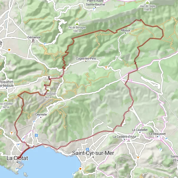 Miniaturní mapa "Gravel Trasa kolem La Ciotat" inspirace pro cyklisty v oblasti Provence-Alpes-Côte d’Azur, France. Vytvořeno pomocí plánovače tras Tarmacs.app