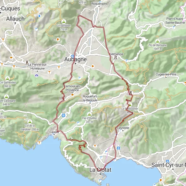 Zemljevid v pomanjšavi "Gravel avantura v Provence-Alpes-Côte d’Azur" kolesarske inspiracije v Provence-Alpes-Côte d’Azur, France. Generirano z načrtovalcem kolesarskih poti Tarmacs.app