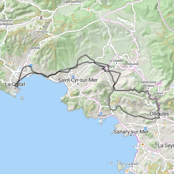 Zemljevid v pomanjšavi "Cesta do Plan du Castellet" kolesarske inspiracije v Provence-Alpes-Côte d’Azur, France. Generirano z načrtovalcem kolesarskih poti Tarmacs.app