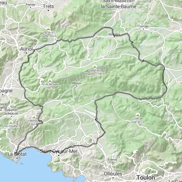 Miniaturní mapa "Cyklotrasa kolem La Ciotat - Road route" inspirace pro cyklisty v oblasti Provence-Alpes-Côte d’Azur, France. Vytvořeno pomocí plánovače tras Tarmacs.app
