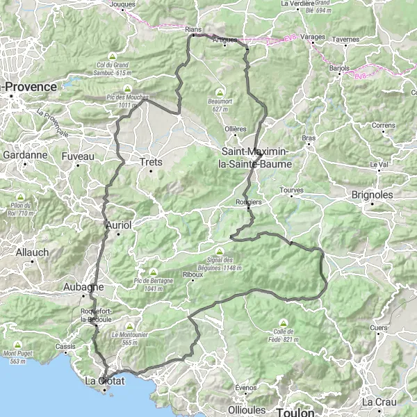 Map miniature of "The Provence-Alpes-Côte d’Azur Southern Loop" cycling inspiration in Provence-Alpes-Côte d’Azur, France. Generated by Tarmacs.app cycling route planner