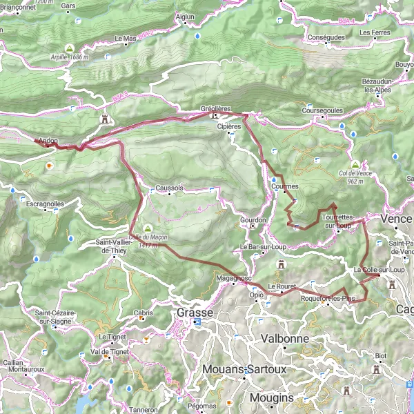 Karttaminiaatyyri "La Colle-sur-Loup - Courmes Gravel Cycling" pyöräilyinspiraatiosta alueella Provence-Alpes-Côte d’Azur, France. Luotu Tarmacs.app pyöräilyreittisuunnittelijalla
