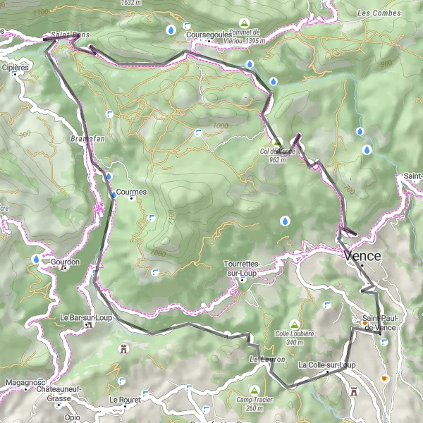 Miniaturní mapa "Významná silniční cyklotrasa kolem La Colle-sur-Loup" inspirace pro cyklisty v oblasti Provence-Alpes-Côte d’Azur, France. Vytvořeno pomocí plánovače tras Tarmacs.app