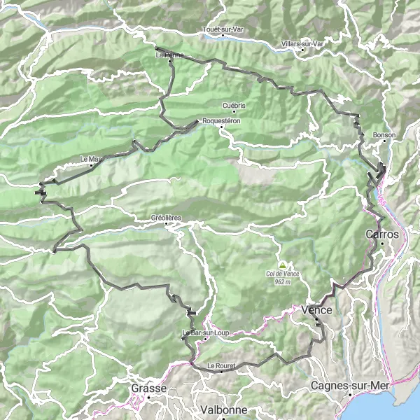 Mapa miniatúra "Výzva pre odvážnych cyklistov" cyklistická inšpirácia v Provence-Alpes-Côte d’Azur, France. Vygenerované cyklistickým plánovačom trás Tarmacs.app