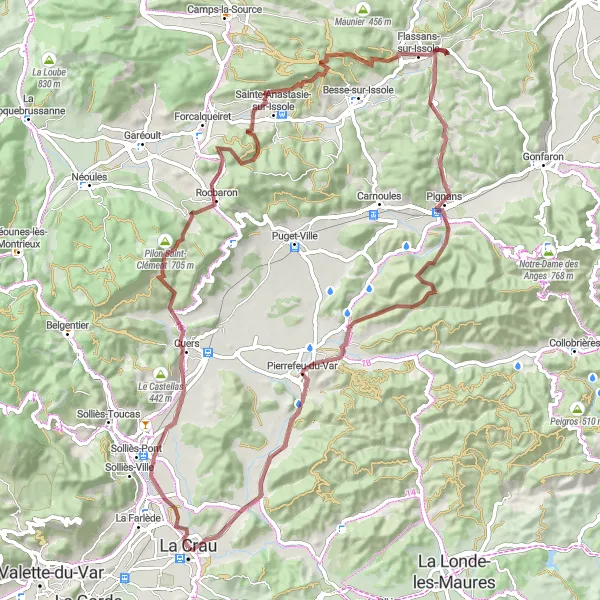 Miniaturní mapa "Gravelový okruh Cuers a Mont-Redon" inspirace pro cyklisty v oblasti Provence-Alpes-Côte d’Azur, France. Vytvořeno pomocí plánovače tras Tarmacs.app