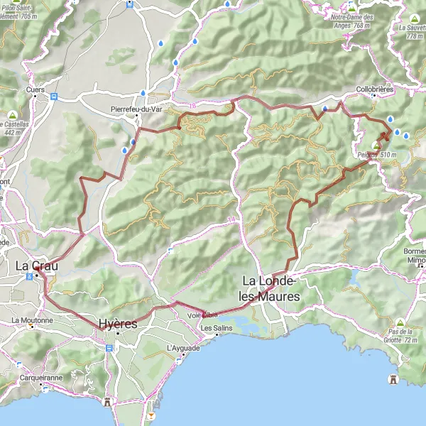 Miniature de la carte de l'inspiration cycliste "La Crau - Mont-Redon - Pierrefeu-du-Var - Montaud - Col de Babaou - La Londe-les-Maures - Hyères - Le Fenouillet" dans la Provence-Alpes-Côte d’Azur, France. Générée par le planificateur d'itinéraire cycliste Tarmacs.app