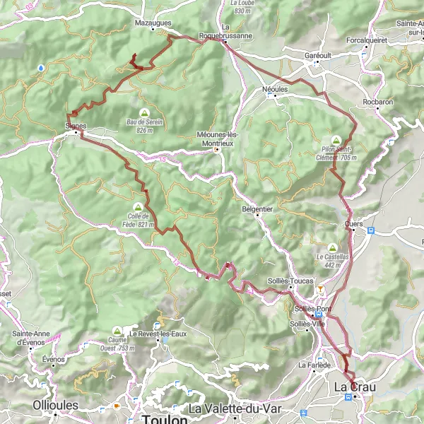 Miniatua del mapa de inspiración ciclista "Aventura en Grava por Solliès-Pont y La Roquebrussanne" en Provence-Alpes-Côte d’Azur, France. Generado por Tarmacs.app planificador de rutas ciclistas