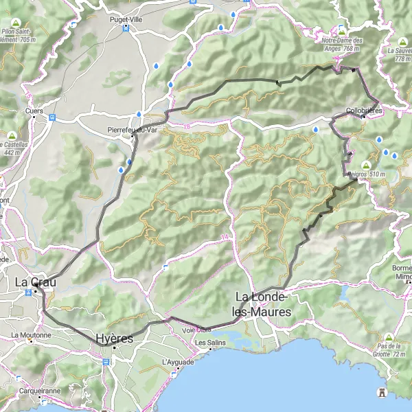 Miniatua del mapa de inspiración ciclista "Recorrido escénico desde Pierrefeu-du-Var a La Londe-les-Maures" en Provence-Alpes-Côte d’Azur, France. Generado por Tarmacs.app planificador de rutas ciclistas