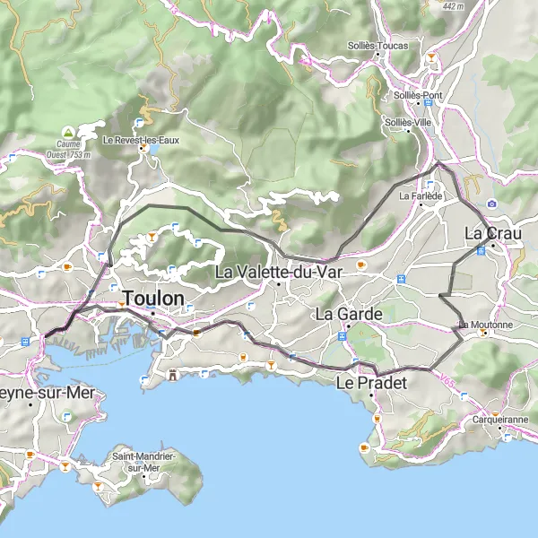 Zemljevid v pomanjšavi "Kolesarska pot Le Pradet - La Farlède" kolesarske inspiracije v Provence-Alpes-Côte d’Azur, France. Generirano z načrtovalcem kolesarskih poti Tarmacs.app