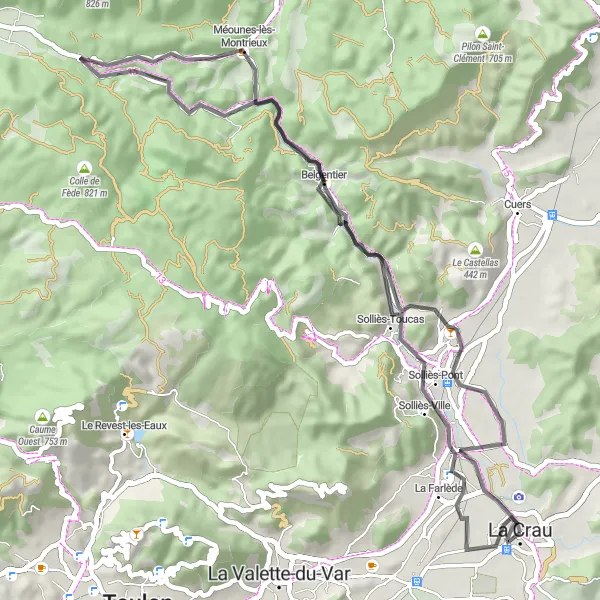 Mapa miniatúra "Cyklotrasa s výzvami okolo La Crau" cyklistická inšpirácia v Provence-Alpes-Côte d’Azur, France. Vygenerované cyklistickým plánovačom trás Tarmacs.app