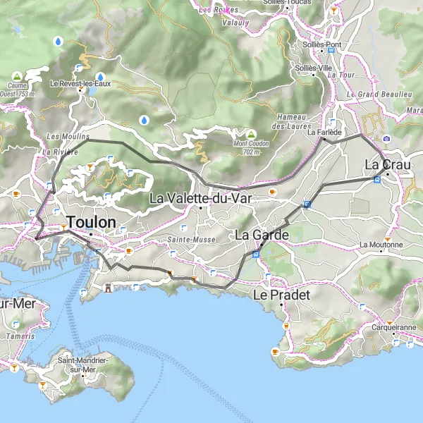 Zemljevid v pomanjšavi "Pogledi na obalo in zeleno zaledje" kolesarske inspiracije v Provence-Alpes-Côte d’Azur, France. Generirano z načrtovalcem kolesarskih poti Tarmacs.app