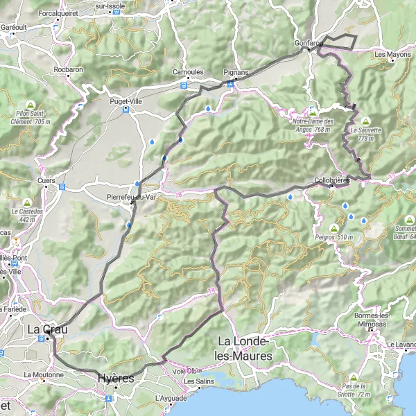 Map miniature of "Road Cycle Tour from La Crau" cycling inspiration in Provence-Alpes-Côte d’Azur, France. Generated by Tarmacs.app cycling route planner