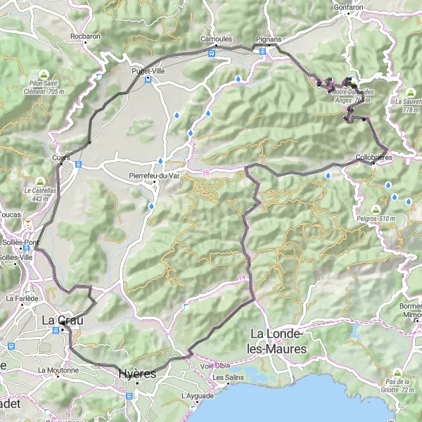 Map miniature of "Challenging Cuers Circuit" cycling inspiration in Provence-Alpes-Côte d’Azur, France. Generated by Tarmacs.app cycling route planner