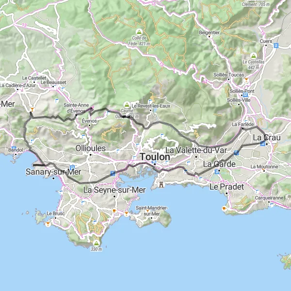 Miniatua del mapa de inspiración ciclista "Ruta de Ciclismo en Carretera de La Crau a Mont Faron" en Provence-Alpes-Côte d’Azur, France. Generado por Tarmacs.app planificador de rutas ciclistas