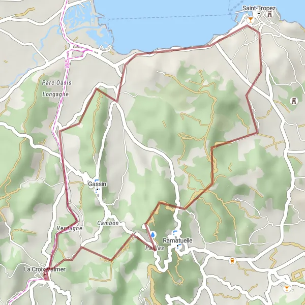 Miniaturní mapa "Gravelová trasa s výhledem na St. Tropez" inspirace pro cyklisty v oblasti Provence-Alpes-Côte d’Azur, France. Vytvořeno pomocí plánovače tras Tarmacs.app