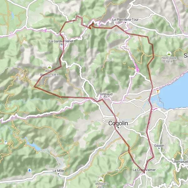 Kartminiatyr av "Äventyr till Le Plan-de-la-Tour" cykelinspiration i Provence-Alpes-Côte d’Azur, France. Genererad av Tarmacs.app cykelruttplanerare