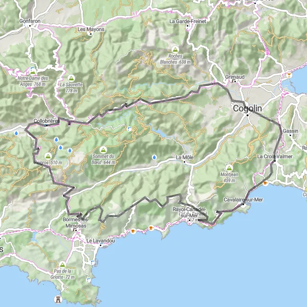 Miniaturní mapa "Okružní cesta přes Col du Caguo Ven" inspirace pro cyklisty v oblasti Provence-Alpes-Côte d’Azur, France. Vytvořeno pomocí plánovače tras Tarmacs.app