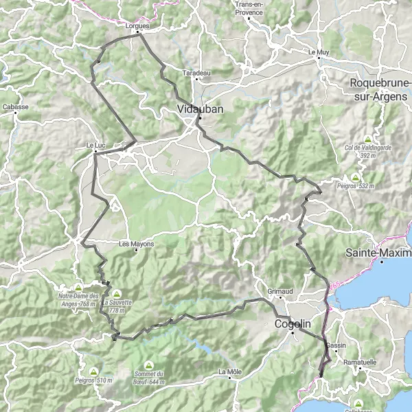 Zemljevid v pomanjšavi "Kolesarska pot do Le Cannet-des-Maures" kolesarske inspiracije v Provence-Alpes-Côte d’Azur, France. Generirano z načrtovalcem kolesarskih poti Tarmacs.app