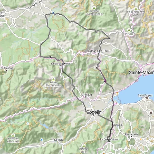 Karttaminiaatyyri "Vaihteleva reitti Cogolinista La Croix-Valmeriin" pyöräilyinspiraatiosta alueella Provence-Alpes-Côte d’Azur, France. Luotu Tarmacs.app pyöräilyreittisuunnittelijalla